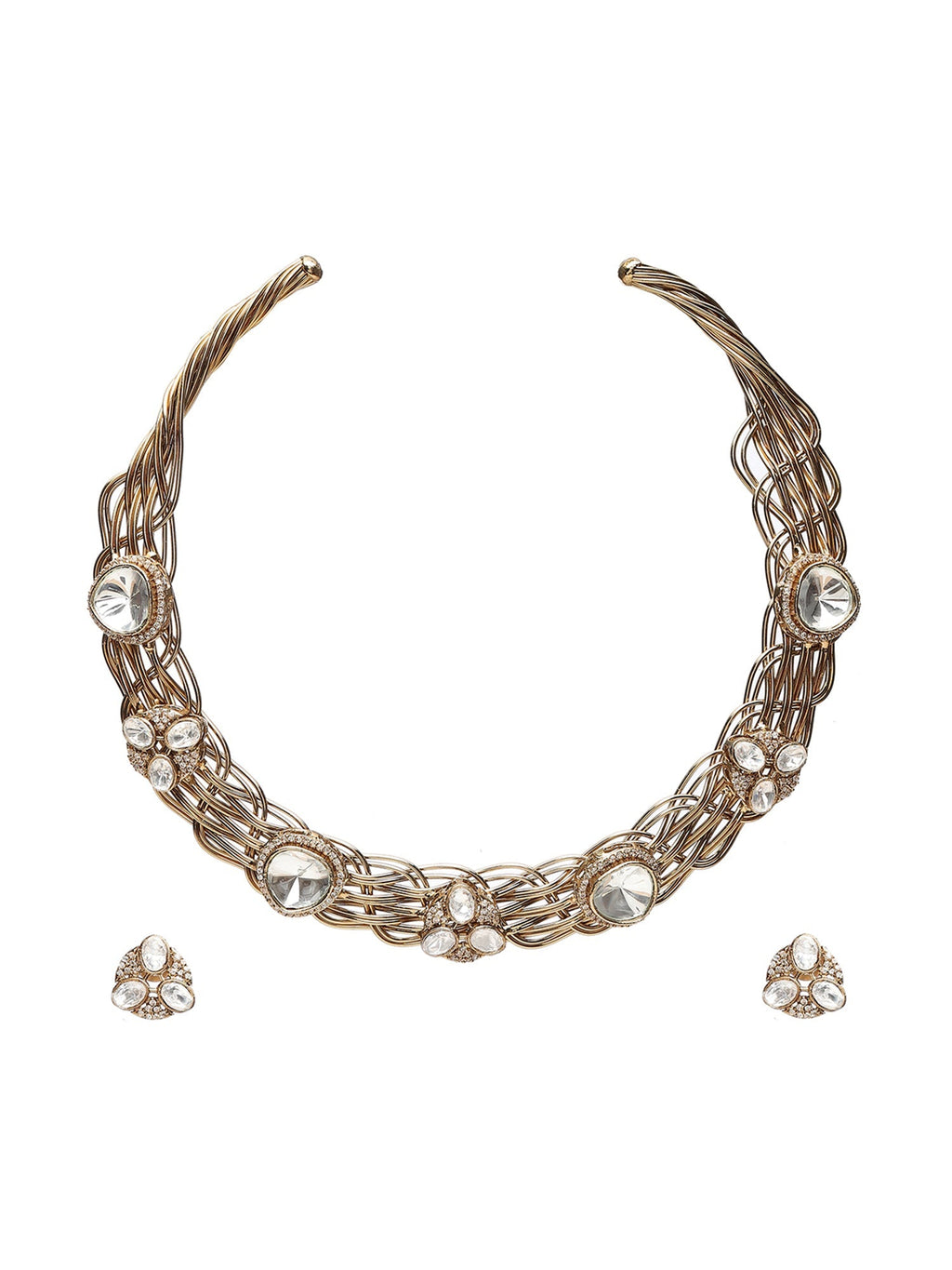 Golden Kundan & Mossainite Hasli Choker with Studs - Ruby Raang