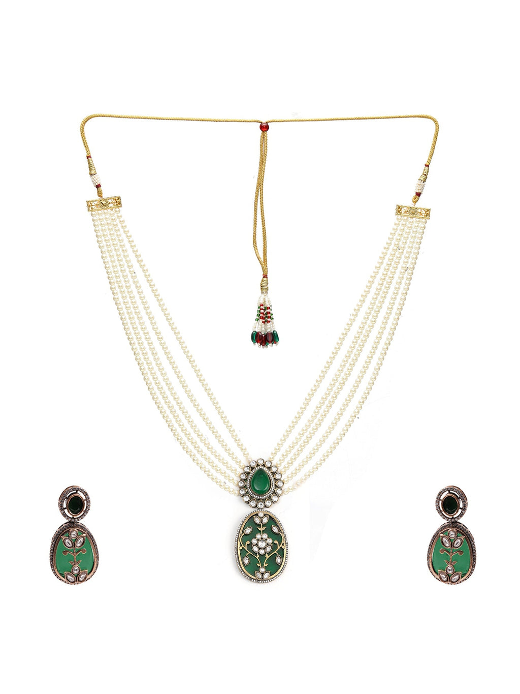 Long Pearl Layered Necklace with Pendant and Matching Earrings - Ruby Raang