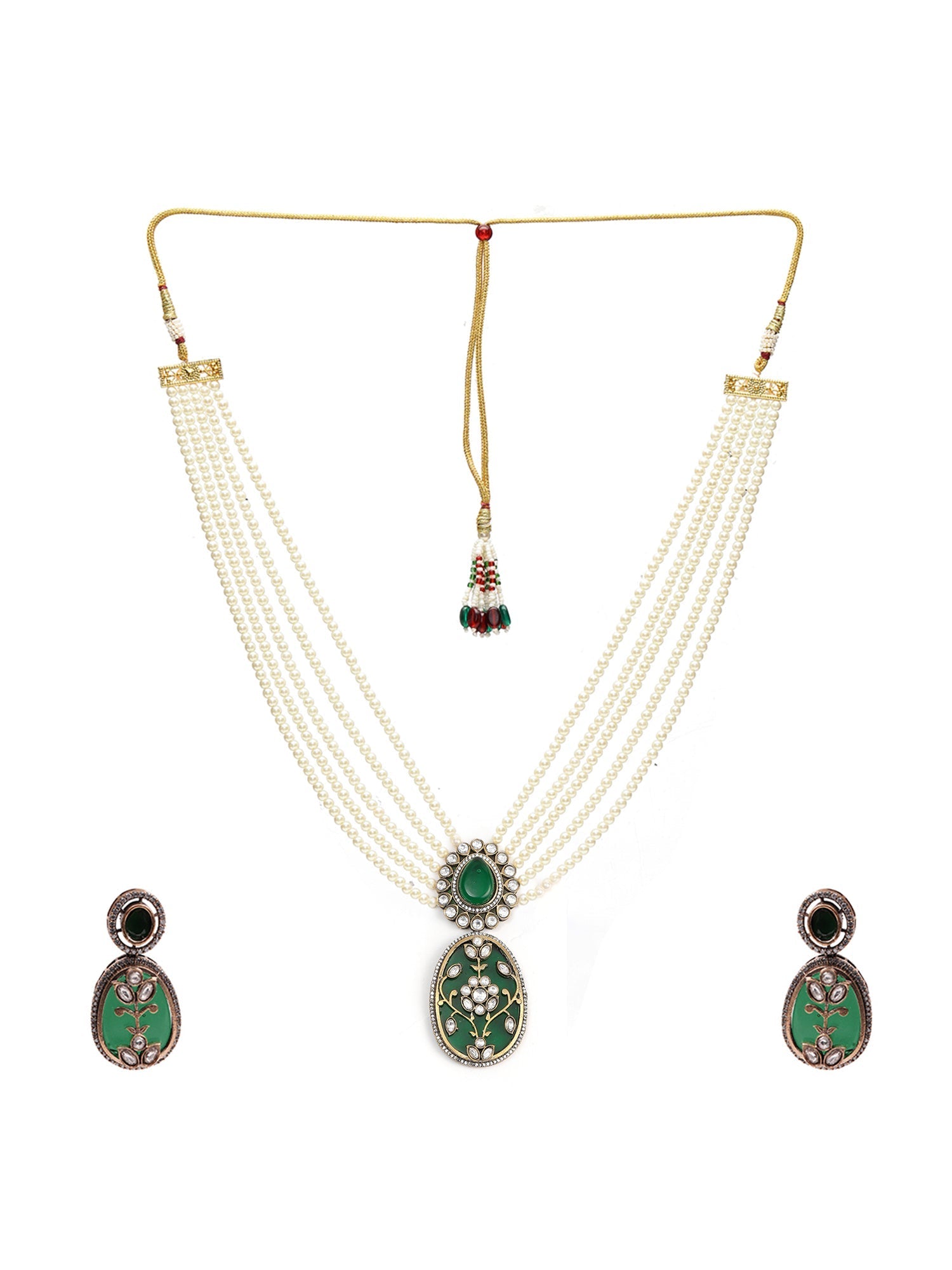 Long Pearl Layered Necklace with Pendant and Matching Earrings - Ruby Raang