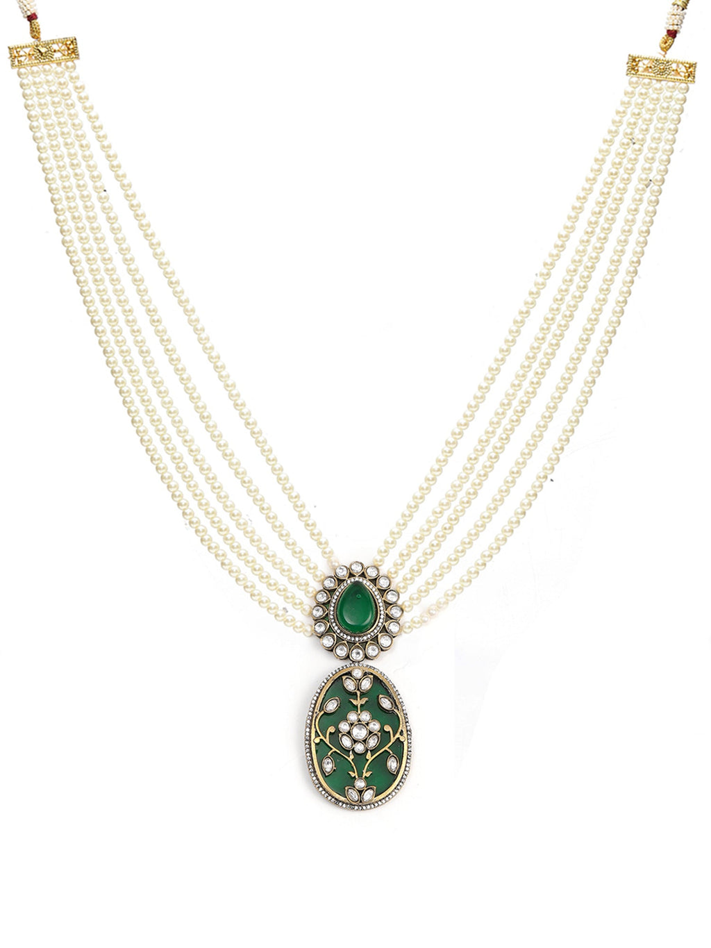 Long Pearl Layered Necklace with Pendant and Matching Earrings - Ruby Raang