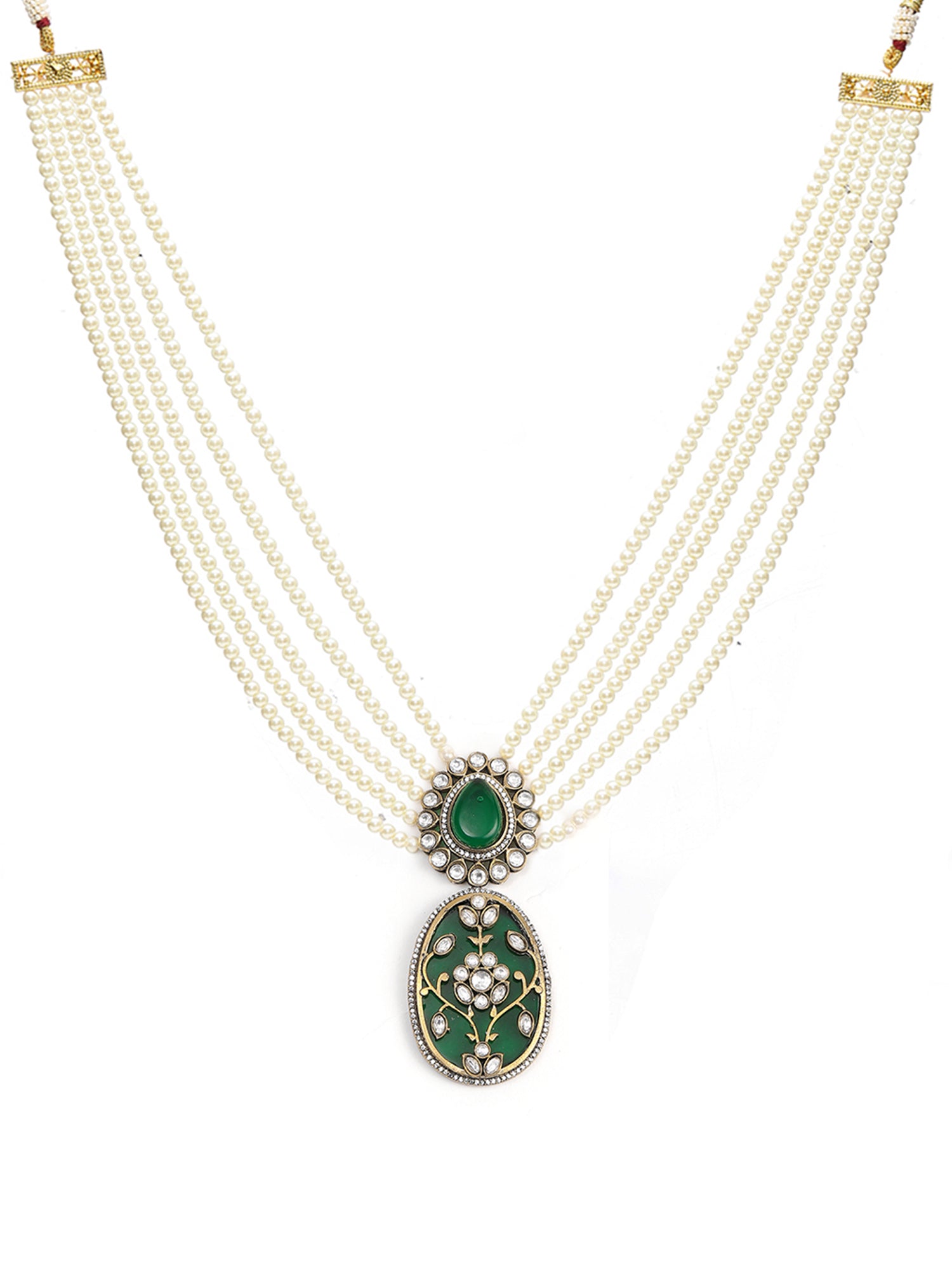 Long Pearl Layered Necklace with Pendant and Matching Earrings - Ruby Raang
