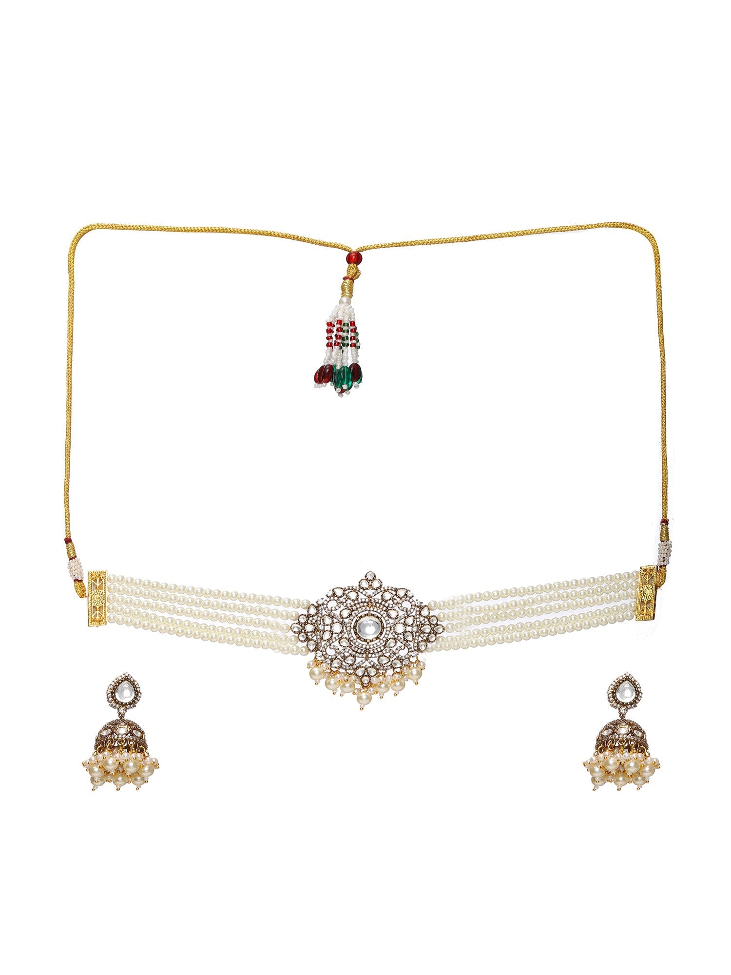 Kundan and Mossainite Choker in Pearls with matching Jhumki Earrings - Ruby Raang