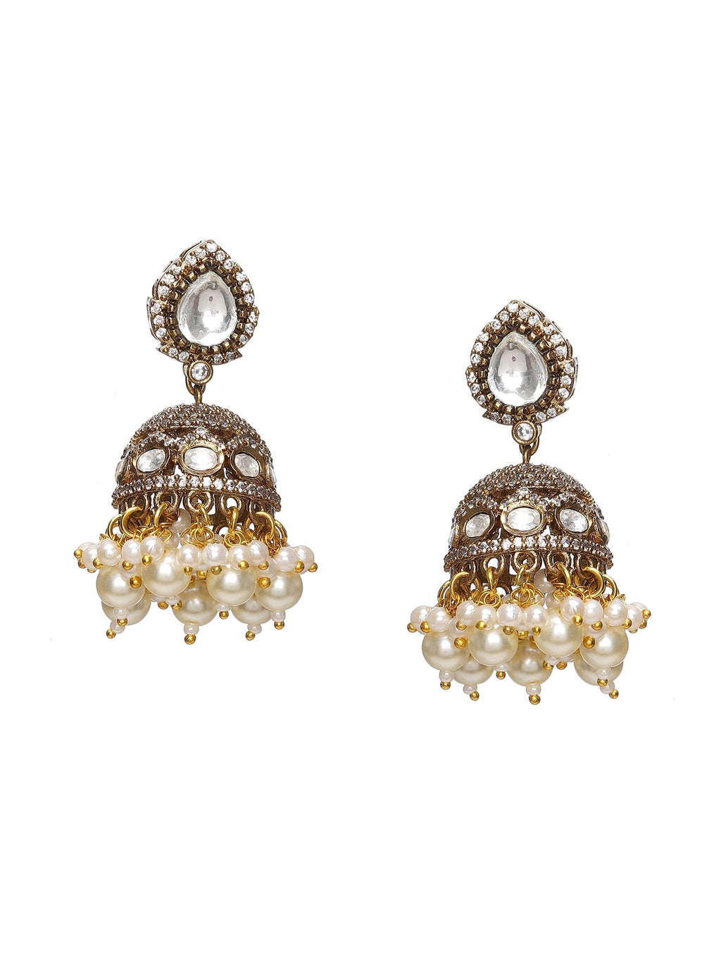 Kundan and Mossainite Choker in Pearls with matching Jhumki Earrings - Ruby Raang