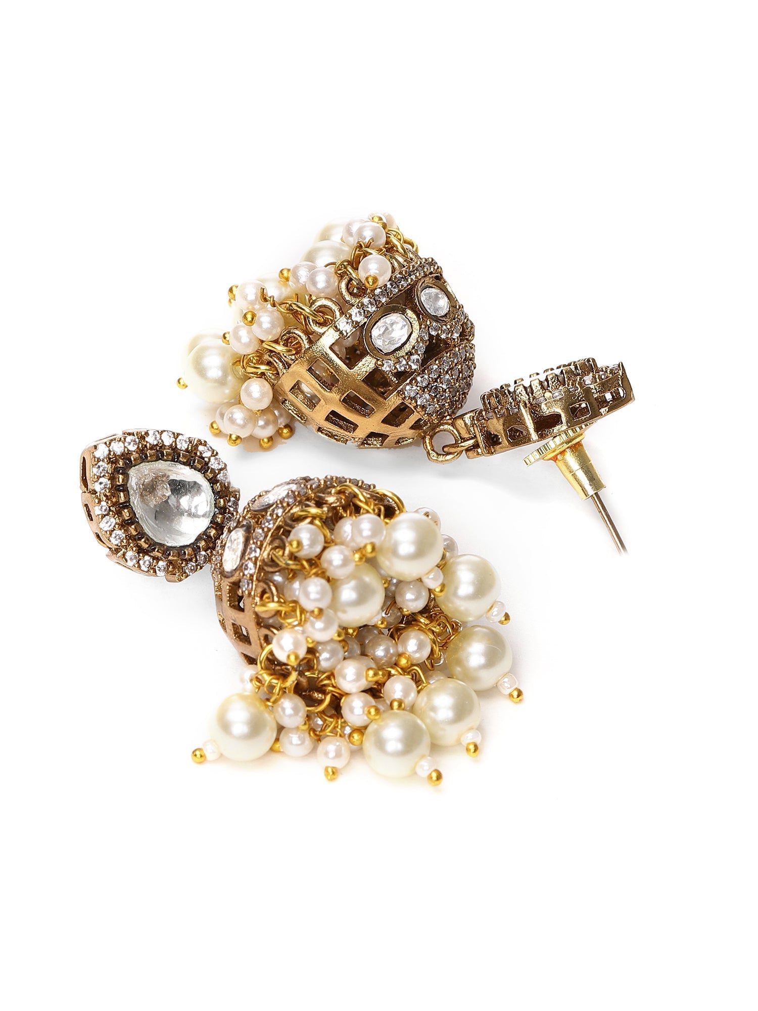 Kundan and Mossainite Choker in Pearls with matching Jhumki Earrings - Ruby Raang