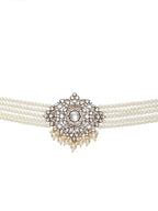 Kundan and Mossainite Choker in Pearls with matching Jhumki Earrings - Ruby Raang