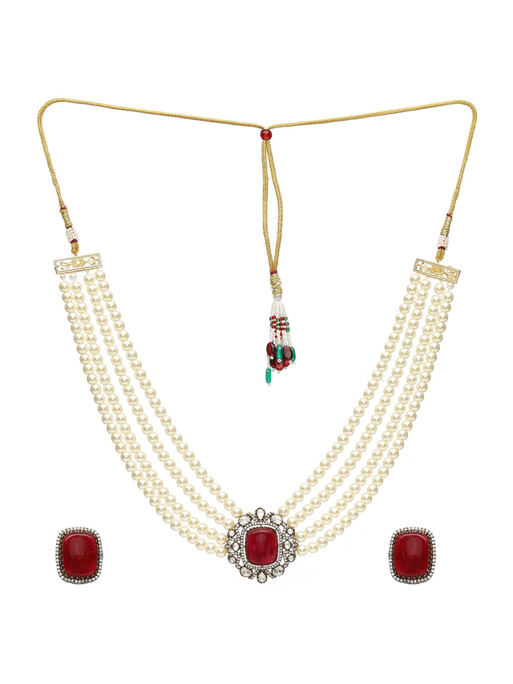 Maroon Stone and Mossainite Kundan in Pearls with Matching Studs - Ruby Raang