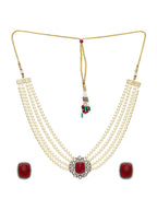 Maroon Stone and Mossainite Kundan in Pearls with Matching Studs - Ruby Raang