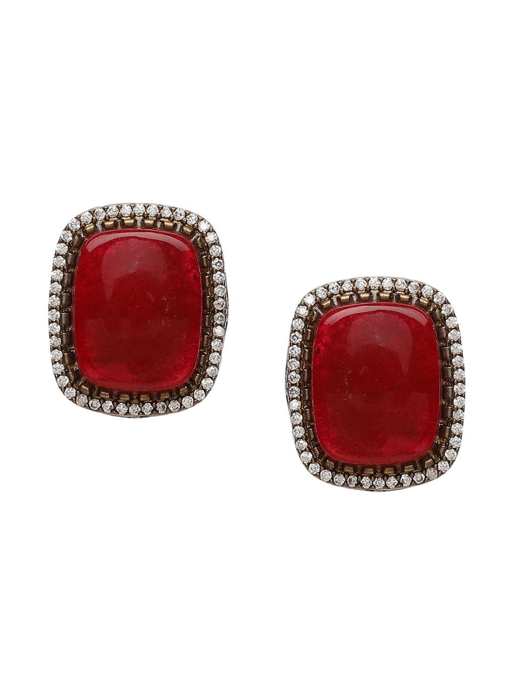 Maroon Stone and Mossainite Kundan in Pearls with Matching Studs - Ruby Raang