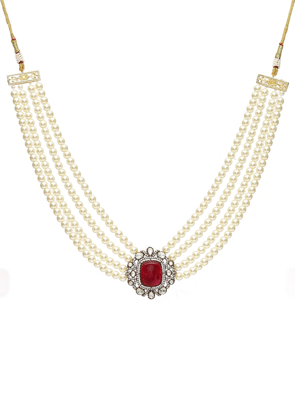 Maroon Stone and Mossainite Kundan in Pearls with Matching Studs - Ruby Raang