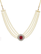 Maroon Stone and Mossainite Kundan in Pearls with Matching Studs - Ruby Raang