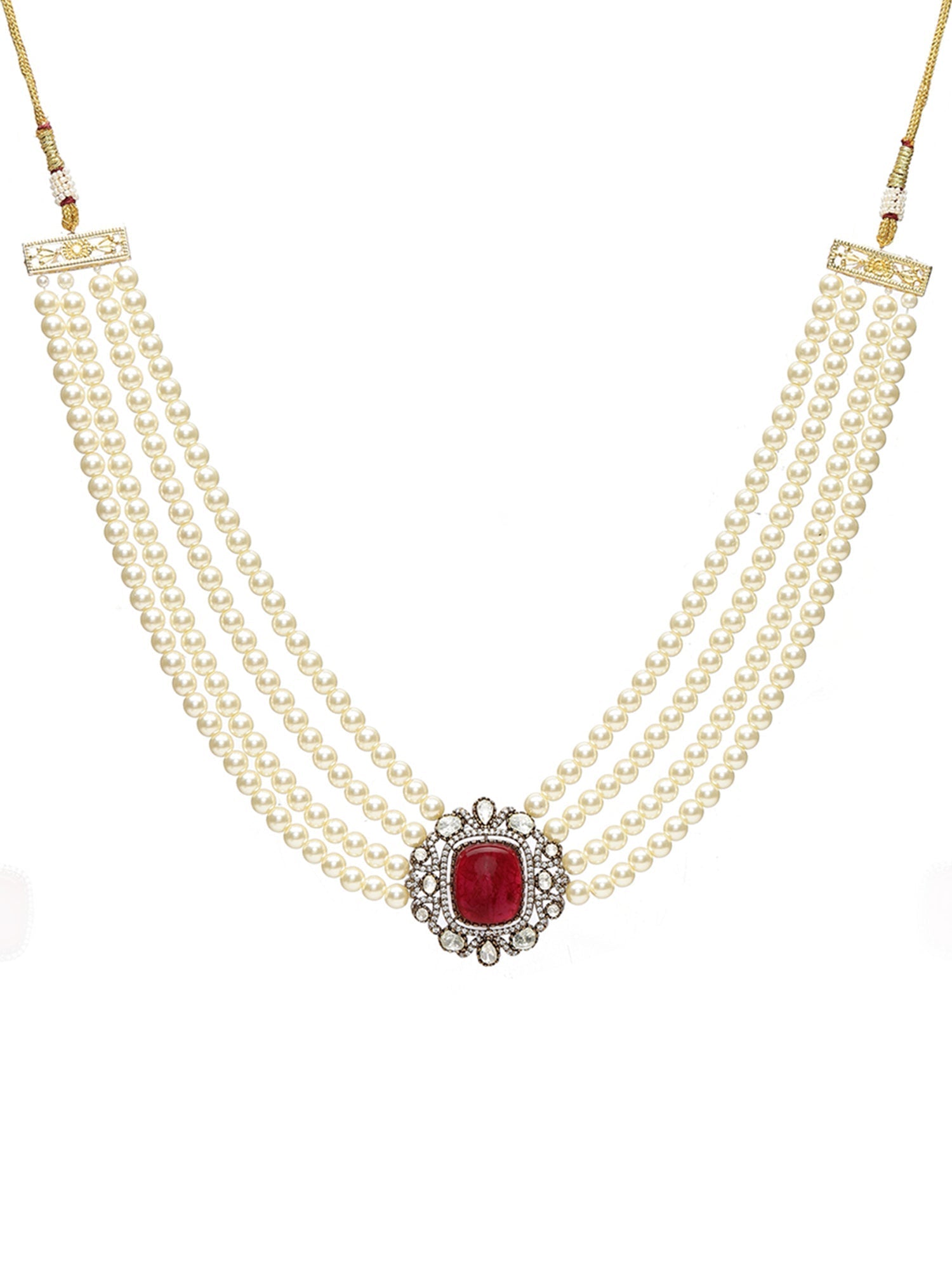 Maroon Stone and Mossainite Kundan in Pearls with Matching Studs - Ruby Raang