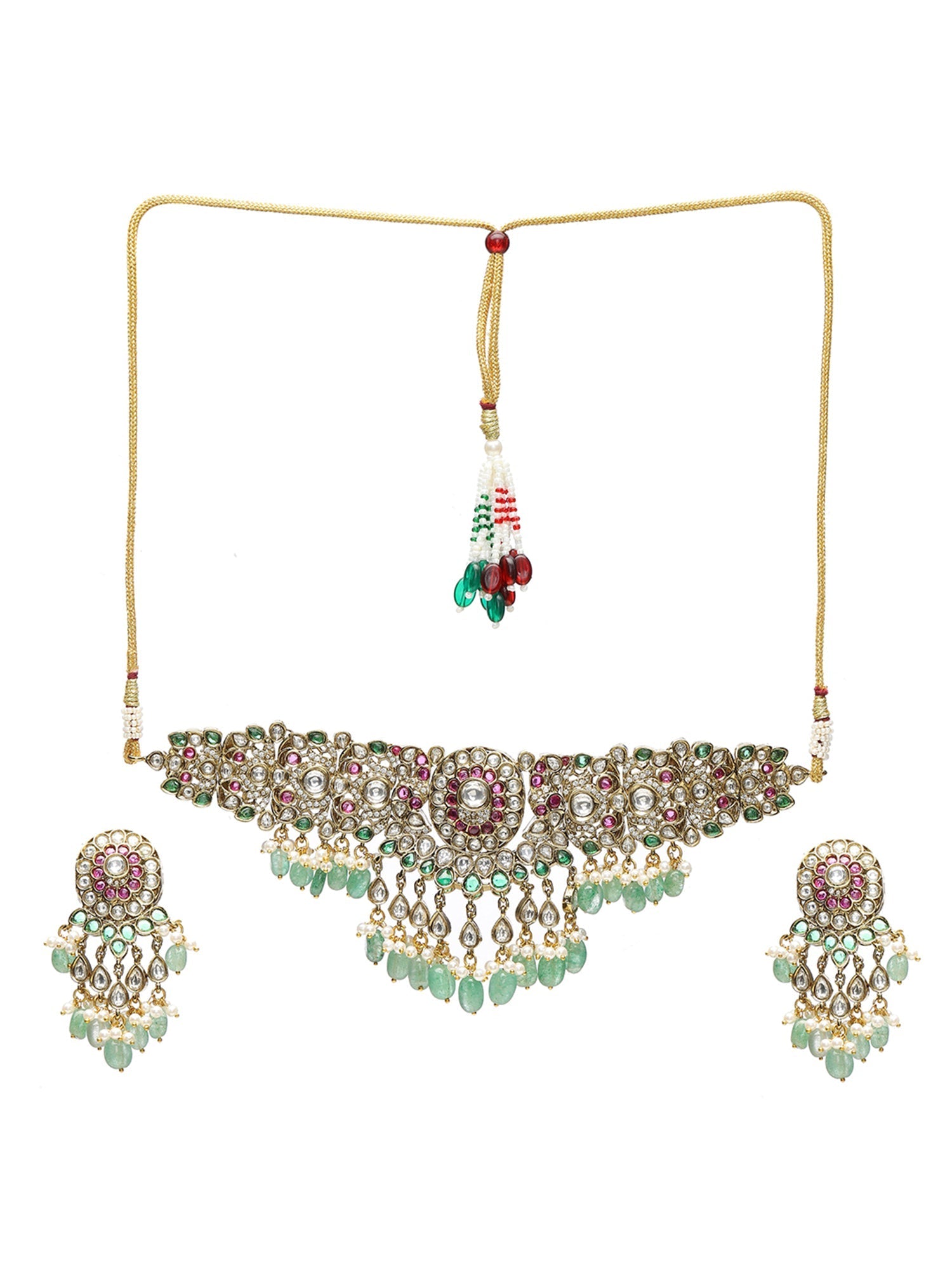 Precious Handcrafted Stone Neckpiece with Emeralds - Ruby Raang