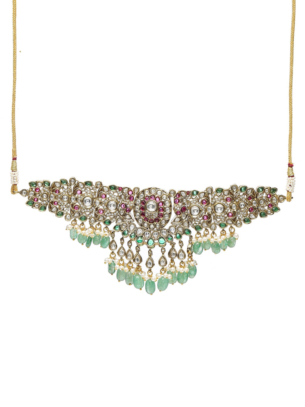 Precious Handcrafted Stone Neckpiece with Emeralds - Ruby Raang