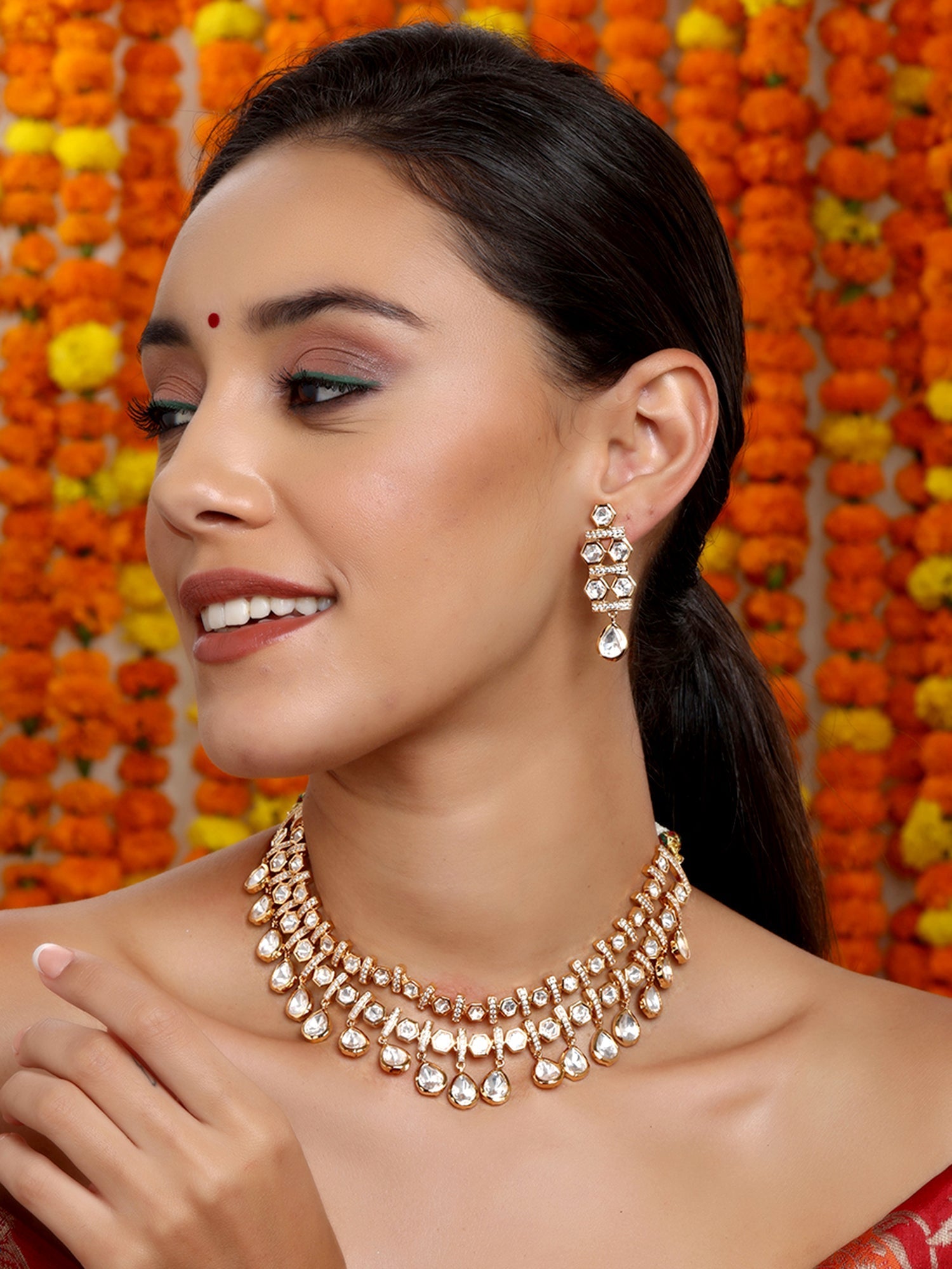 Kundan & Mossainite Necklace with Earrings - Ruby Raang
