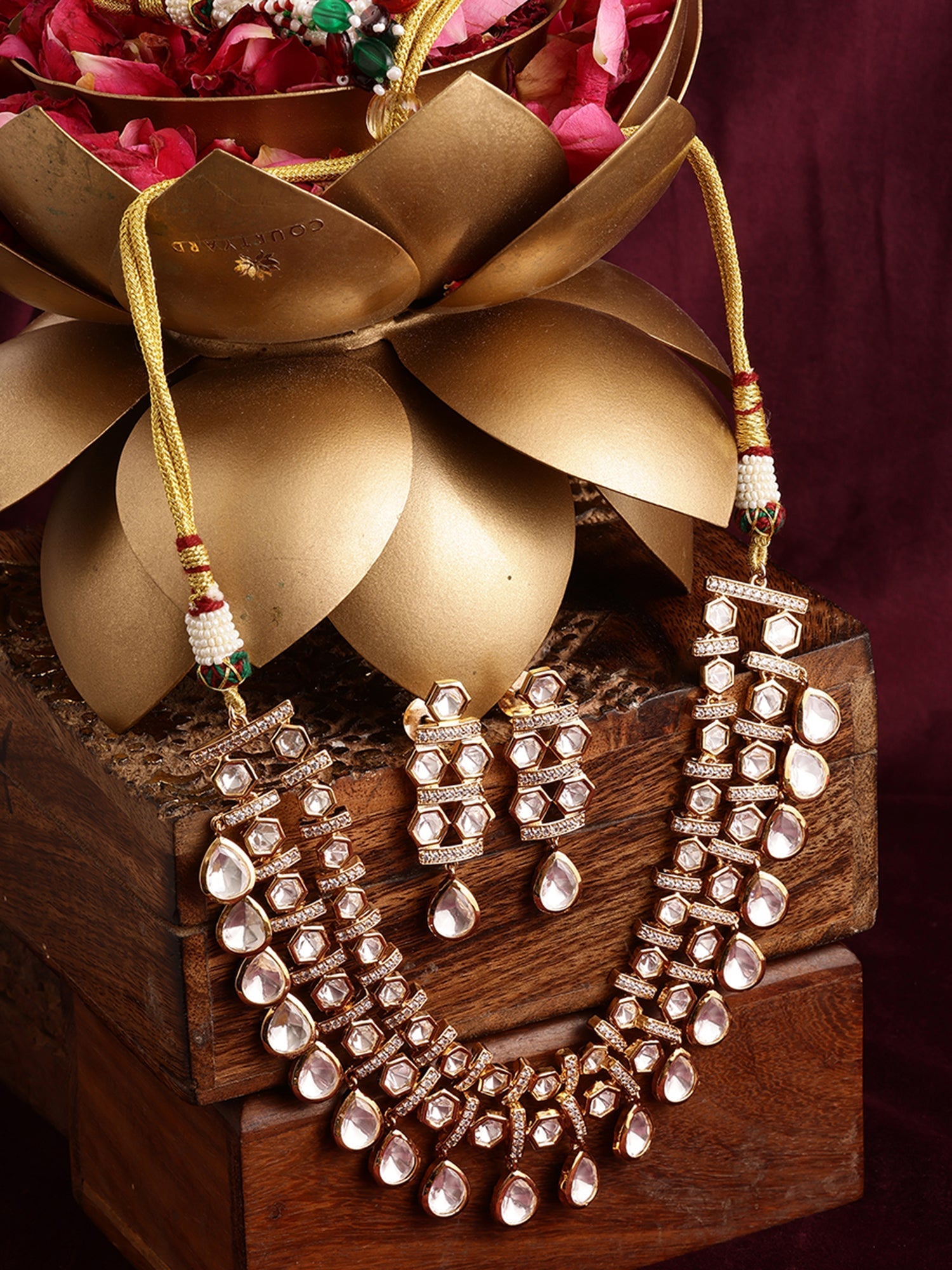 Kundan & Mossainite Necklace with Earrings - Ruby Raang