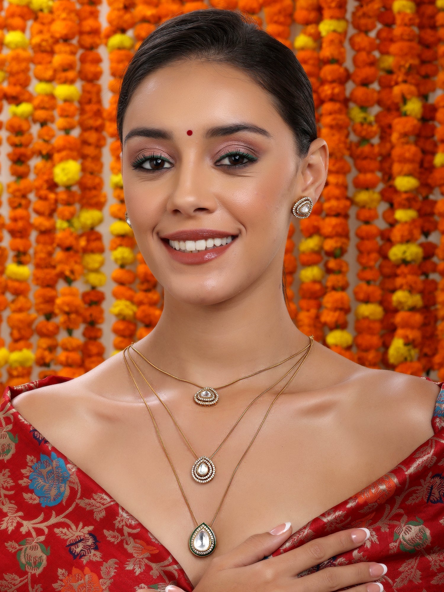 Layered Kundan Neckpiece with Matching Studs - Ruby Raang
