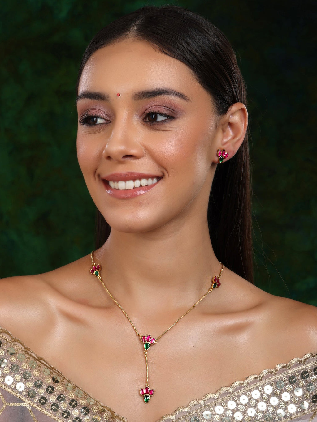 Handcrafted Patchi Kundan Necklace with Studs - Ruby Raang