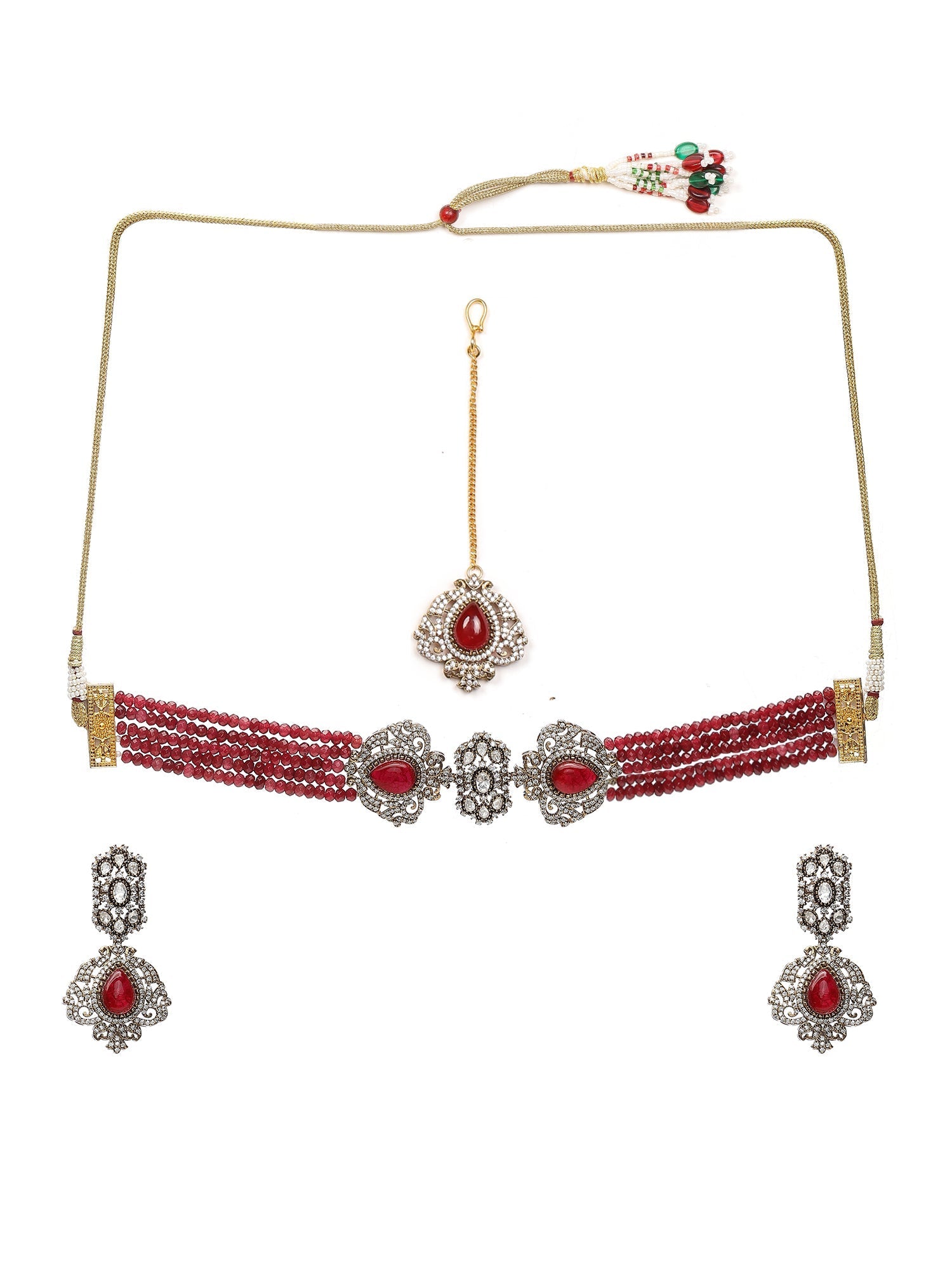 Maroon Stone and Mossainite Kundan in Maroon Onyx with Matching Earrings and Maang Tikka - Ruby Raang