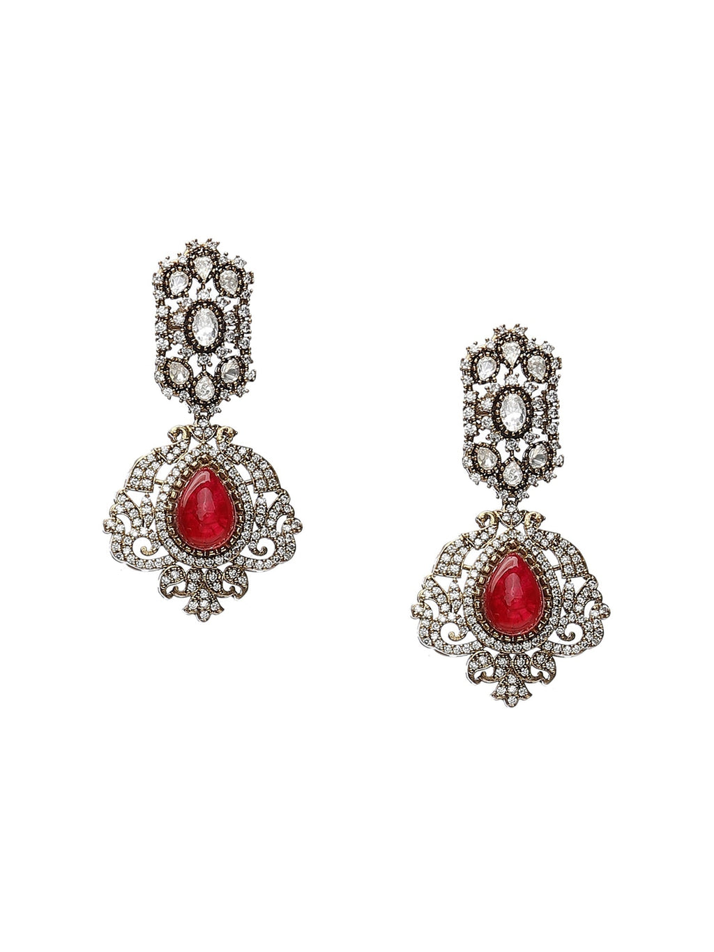 Maroon Stone and Mossainite Kundan in Maroon Onyx with Matching Earrings and Maang Tikka - Ruby Raang