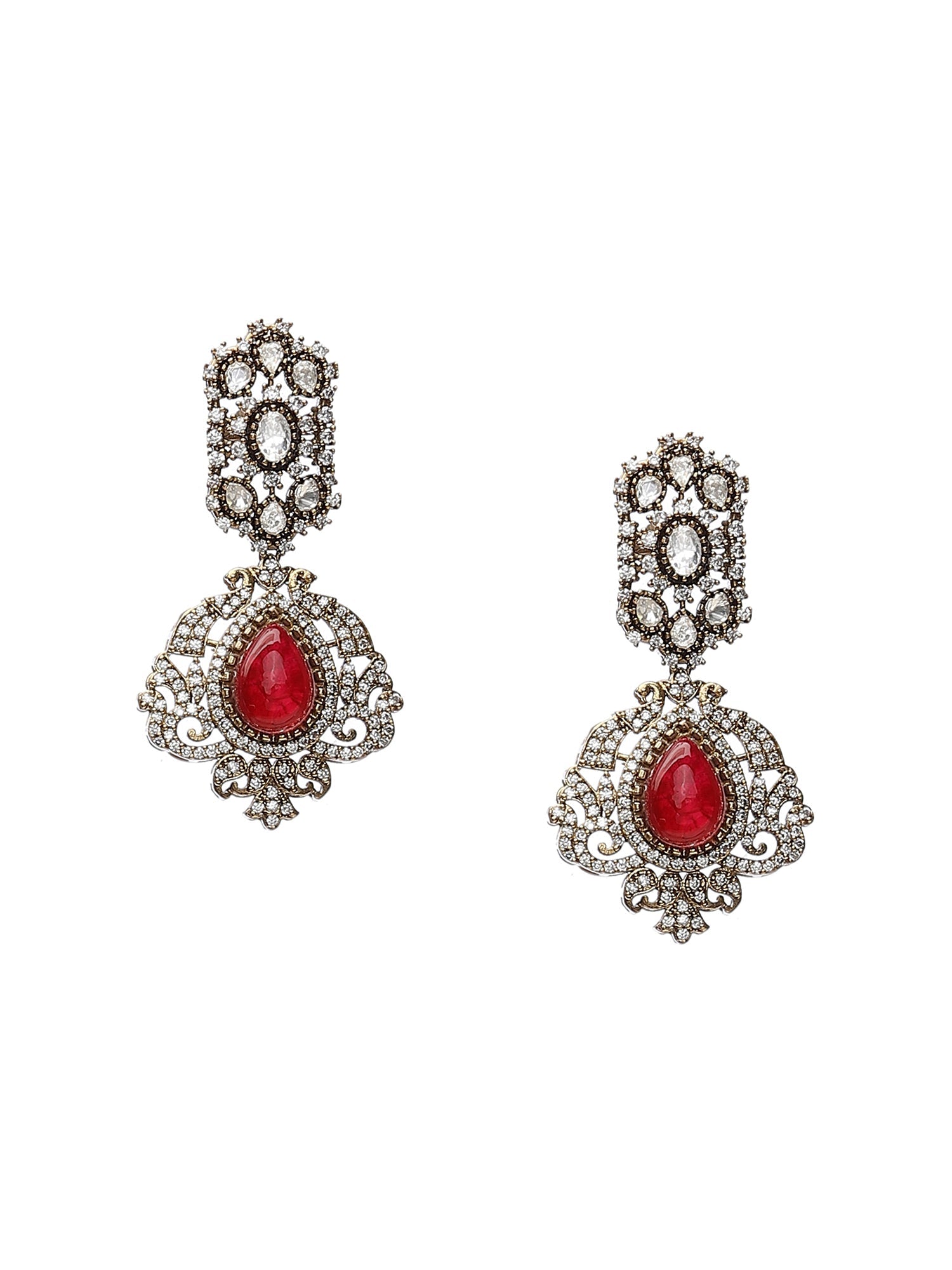 Maroon Stone and Mossainite Kundan in Maroon Onyx with Matching Earrings and Maang Tikka - Ruby Raang