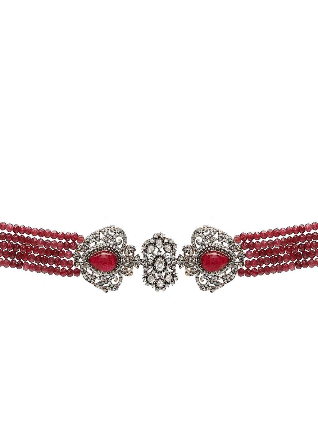 Maroon Stone and Mossainite Kundan in Maroon Onyx with Matching Earrings and Maang Tikka - Ruby Raang