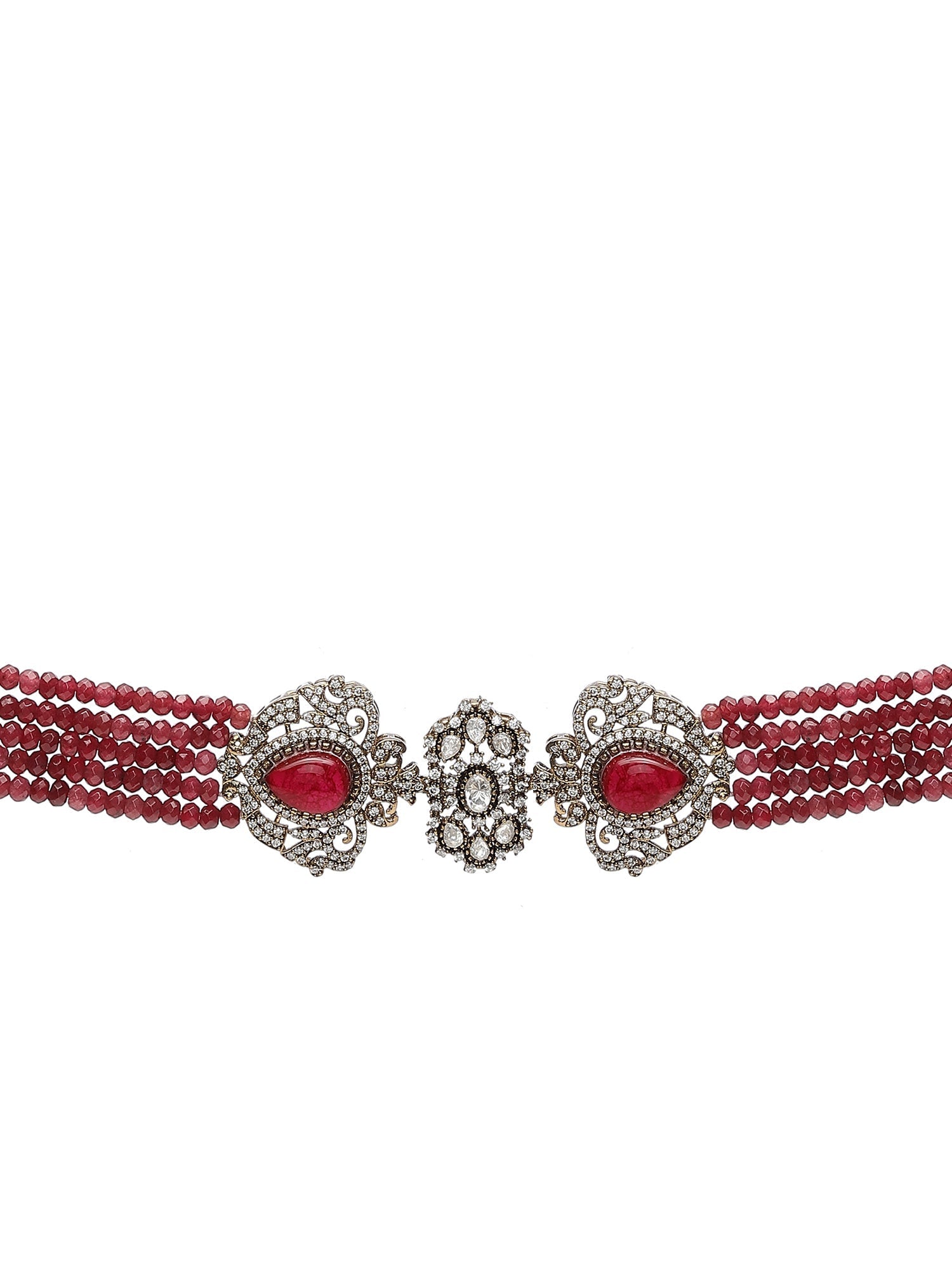 Maroon Stone and Mossainite Kundan in Maroon Onyx with Matching Earrings and Maang Tikka - Ruby Raang
