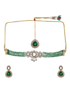 Emerald Stone and Mossainite Kundan in Green Onyx with Matching Earrings and Maang Tikka - Ruby Raang