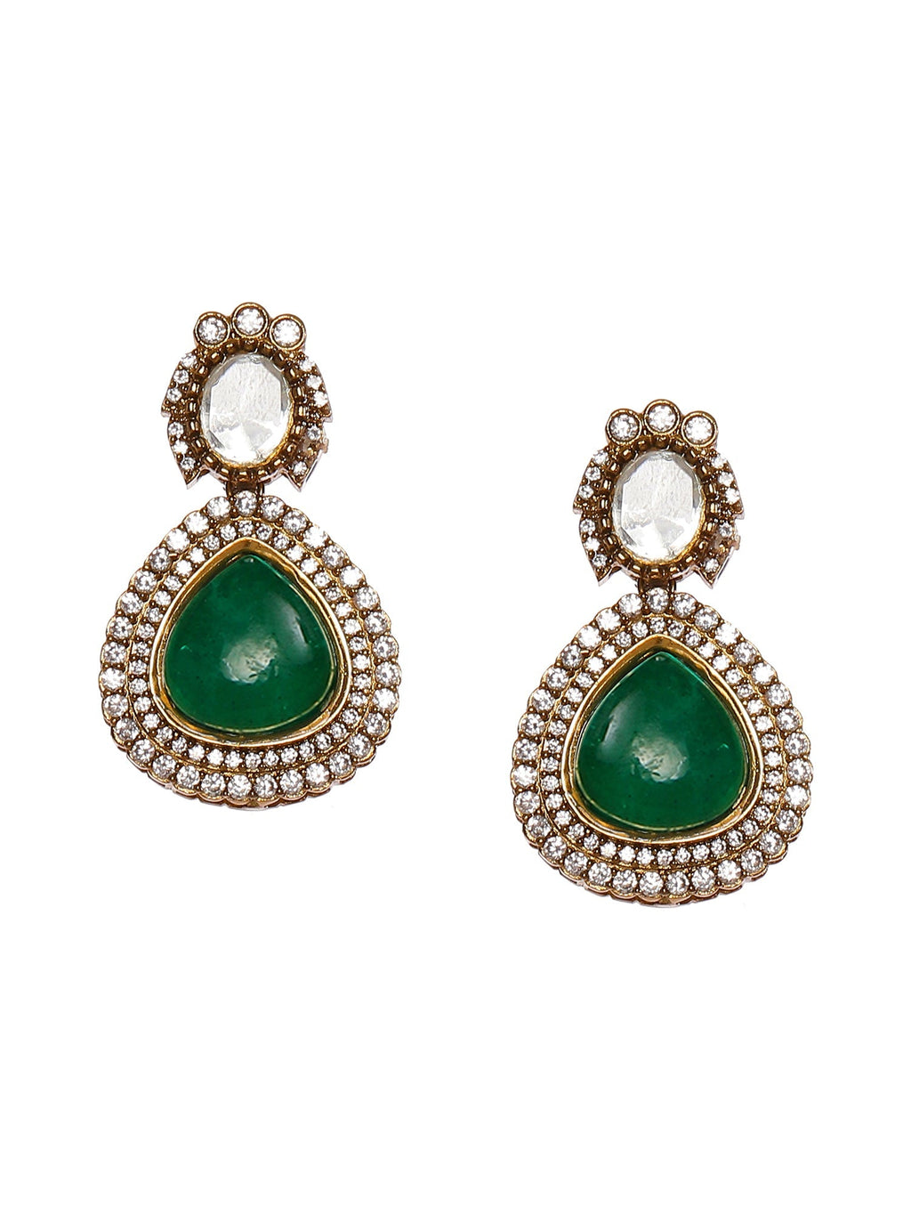 Emerald Stone and Mossainite Kundan in Green Onyx with Matching Earrings and Maang Tikka - Ruby Raang