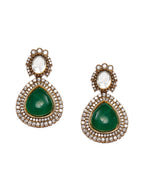 Emerald Stone and Mossainite Kundan in Green Onyx with Matching Earrings and Maang Tikka - Ruby Raang