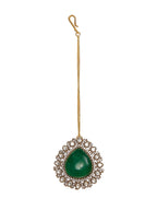Emerald Stone and Mossainite Kundan in Green Onyx with Matching Earrings and Maang Tikka - Ruby Raang