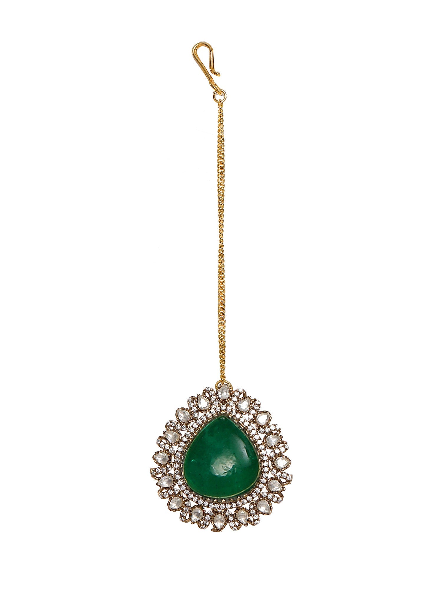 Emerald Stone and Mossainite Kundan in Green Onyx with Matching Earrings and Maang Tikka - Ruby Raang