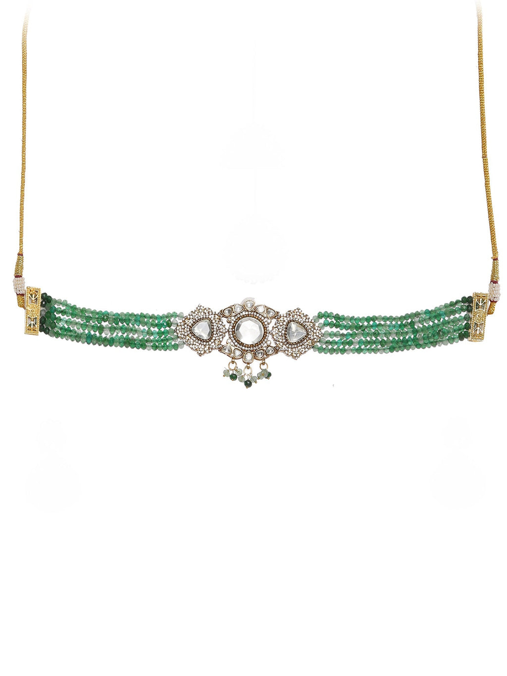 Emerald Stone and Mossainite Kundan in Green Onyx with Matching Earrings and Maang Tikka - Ruby Raang