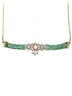 Emerald Stone and Mossainite Kundan in Green Onyx with Matching Earrings and Maang Tikka - Ruby Raang