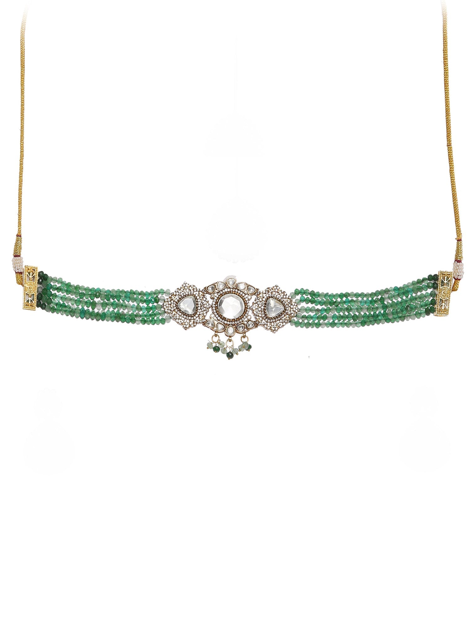 Emerald Stone and Mossainite Kundan in Green Onyx with Matching Earrings and Maang Tikka - Ruby Raang