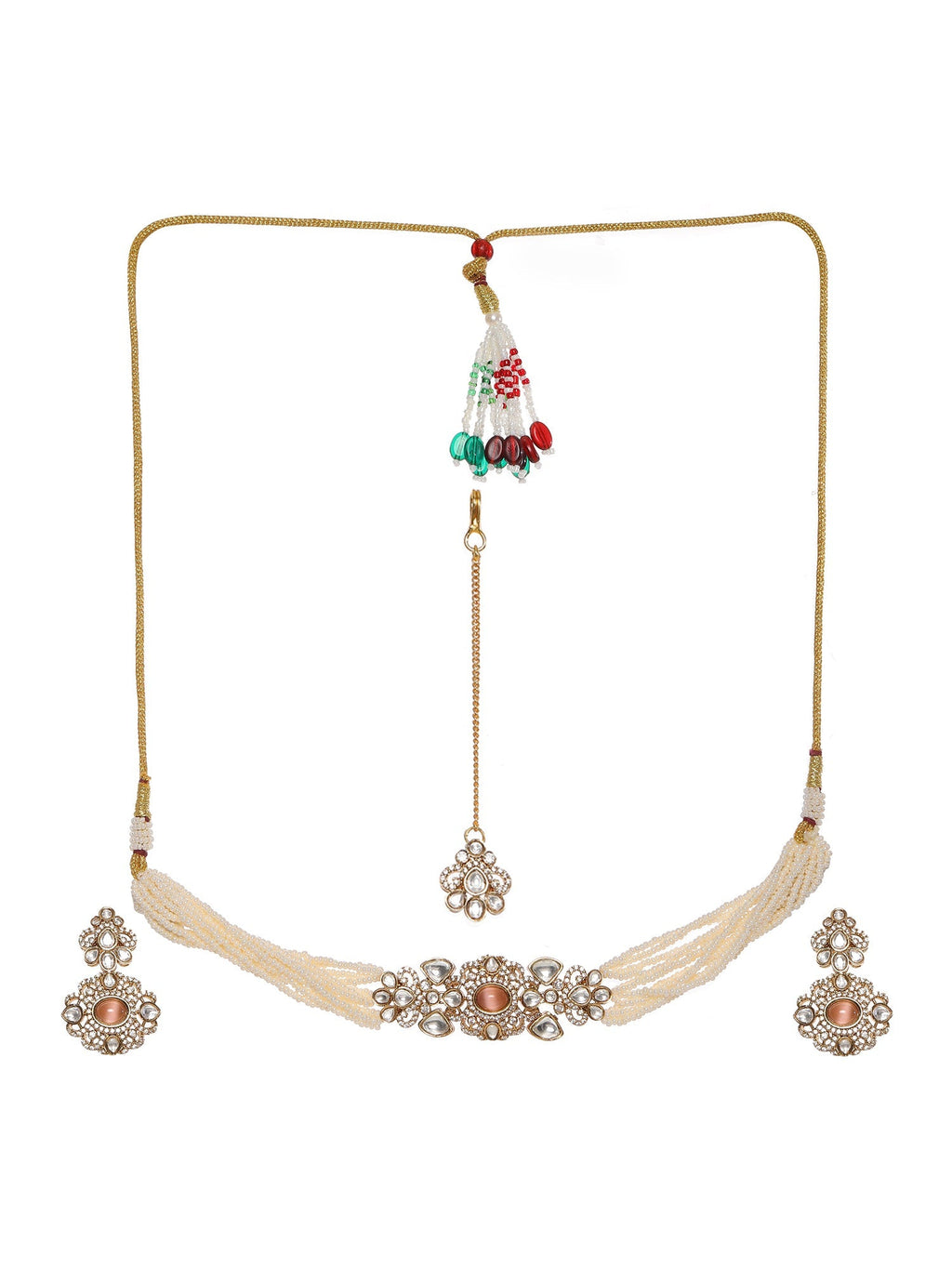 Stone and Mossainite Kundan in Pearls with Matching Earrings and Maang Tikka - Ruby Raang