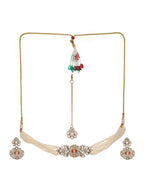 Stone and Mossainite Kundan in Pearls with Matching Earrings and Maang Tikka - Ruby Raang