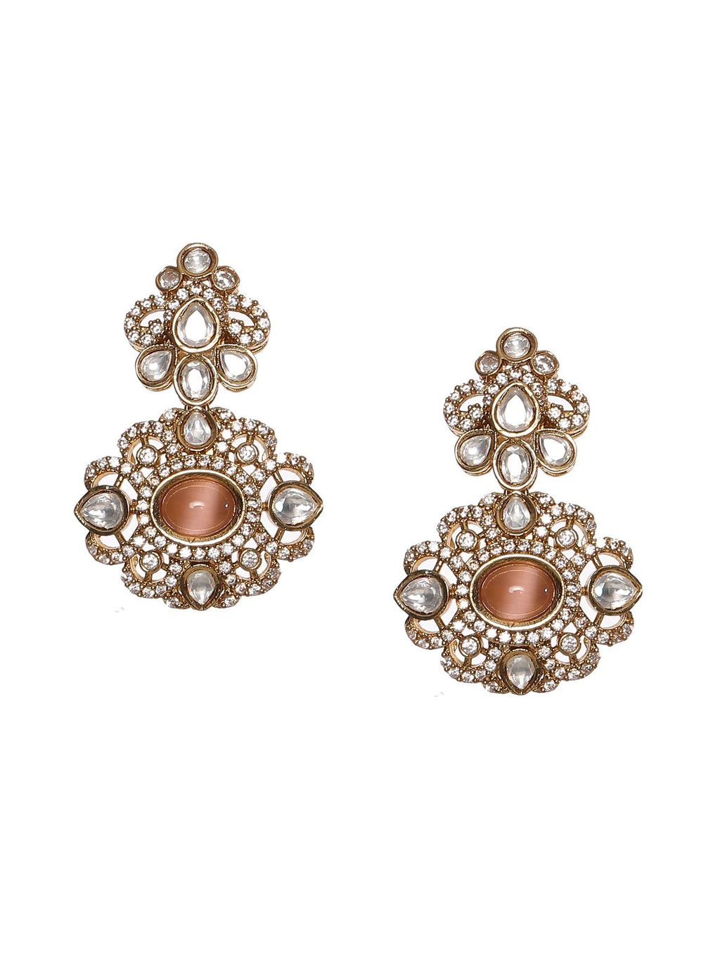 Stone and Mossainite Kundan in Pearls with Matching Earrings and Maang Tikka - Ruby Raang
