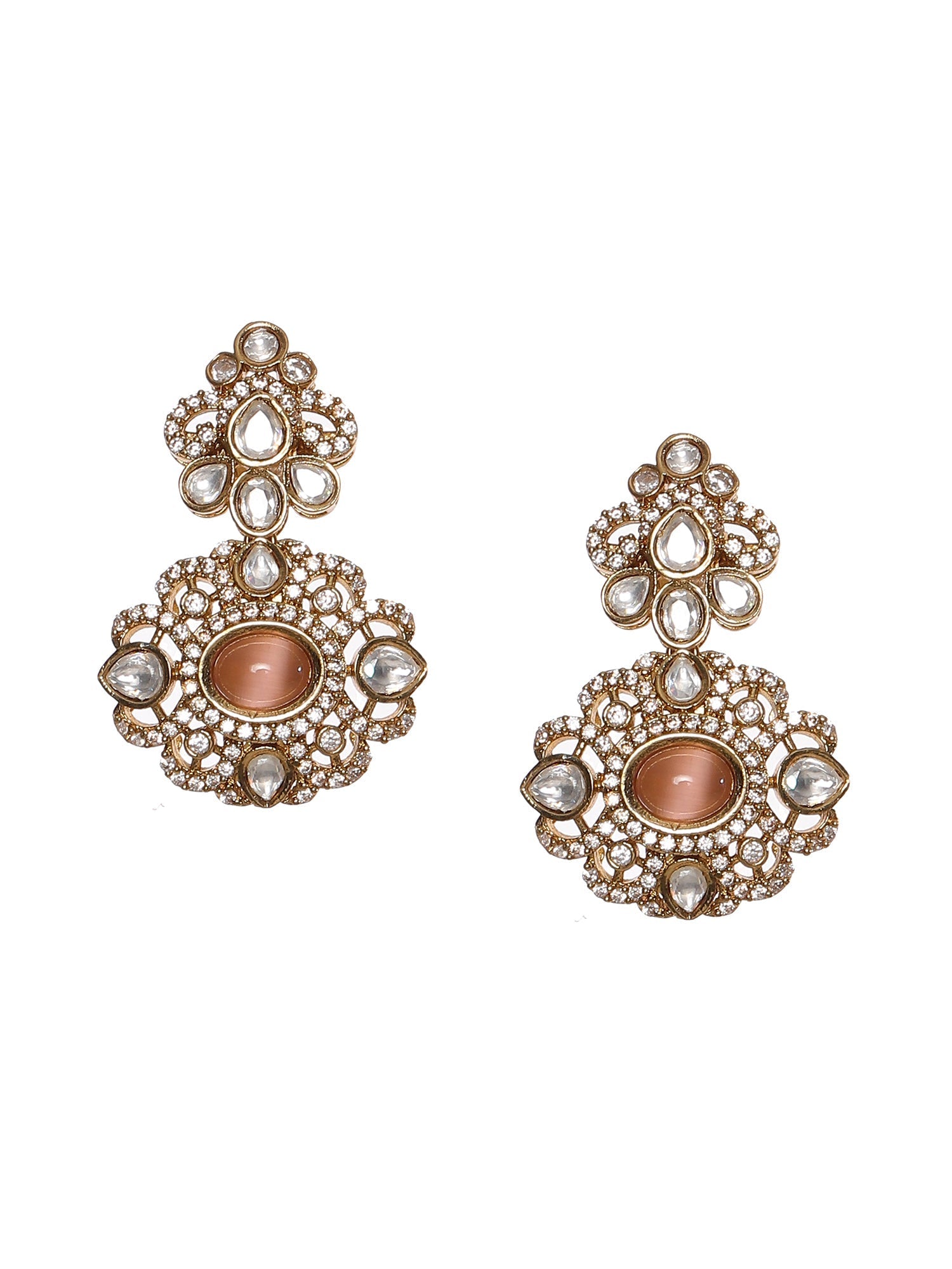 Stone and Mossainite Kundan in Pearls with Matching Earrings and Maang Tikka - Ruby Raang