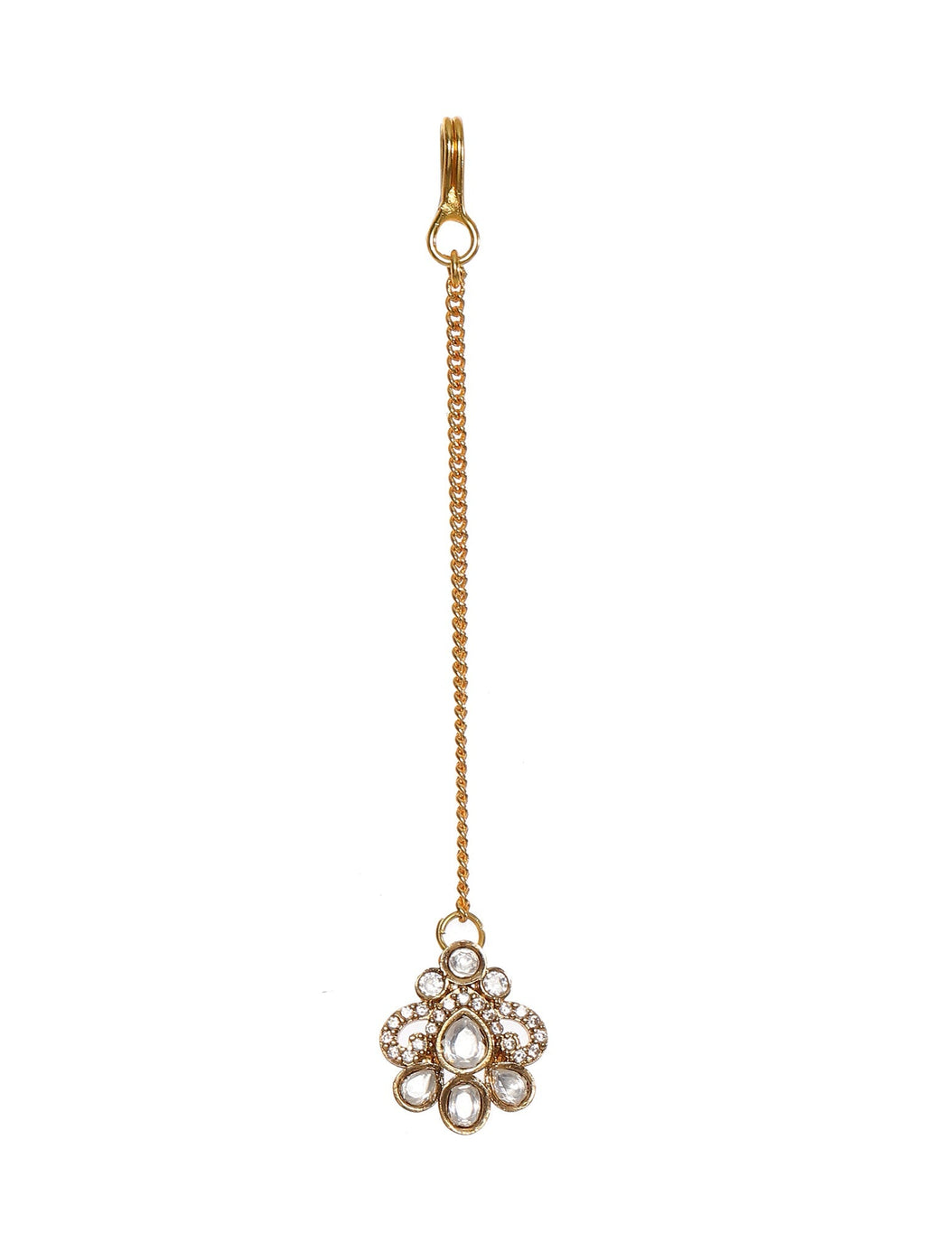 Stone and Mossainite Kundan in Pearls with Matching Earrings and Maang Tikka - Ruby Raang