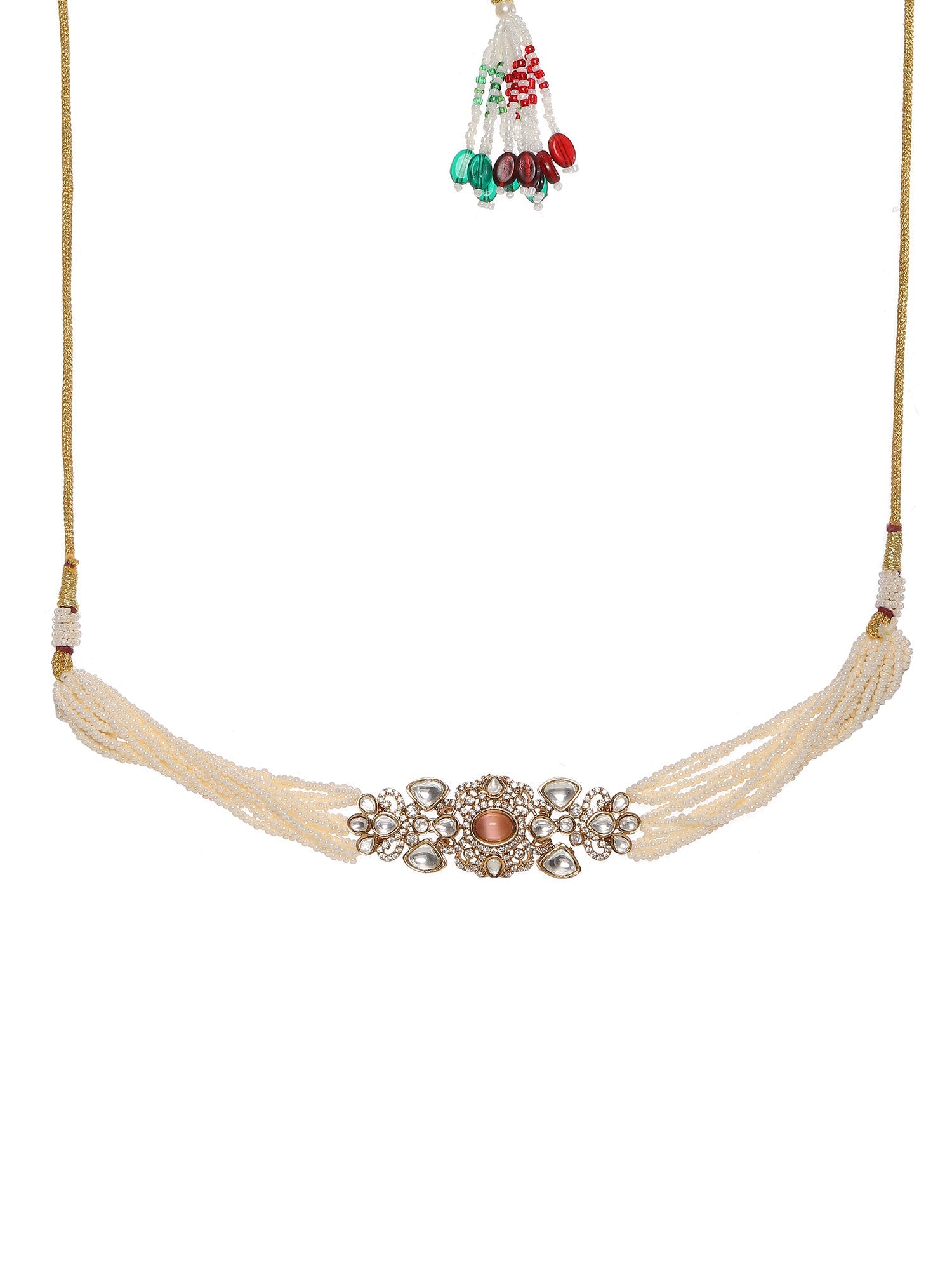 Stone and Mossainite Kundan in Pearls with Matching Earrings and Maang Tikka - Ruby Raang