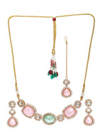 Multi Stone and Mossainite Kundan Choker with Matching Earrings and Maang Tikka - Ruby Raang