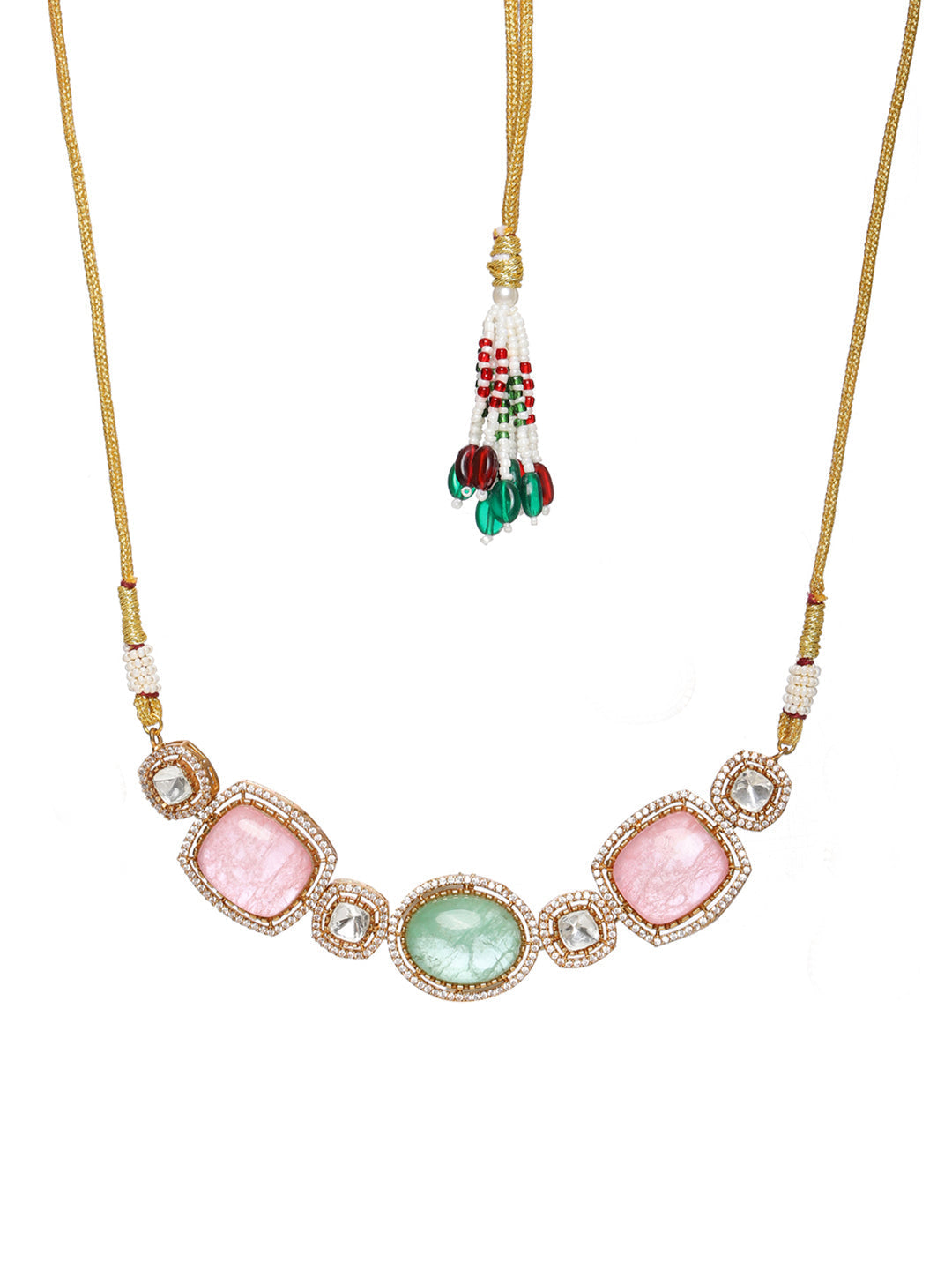 Multi Stone and Mossainite Kundan Choker with Matching Earrings and Maang Tikka - Ruby Raang