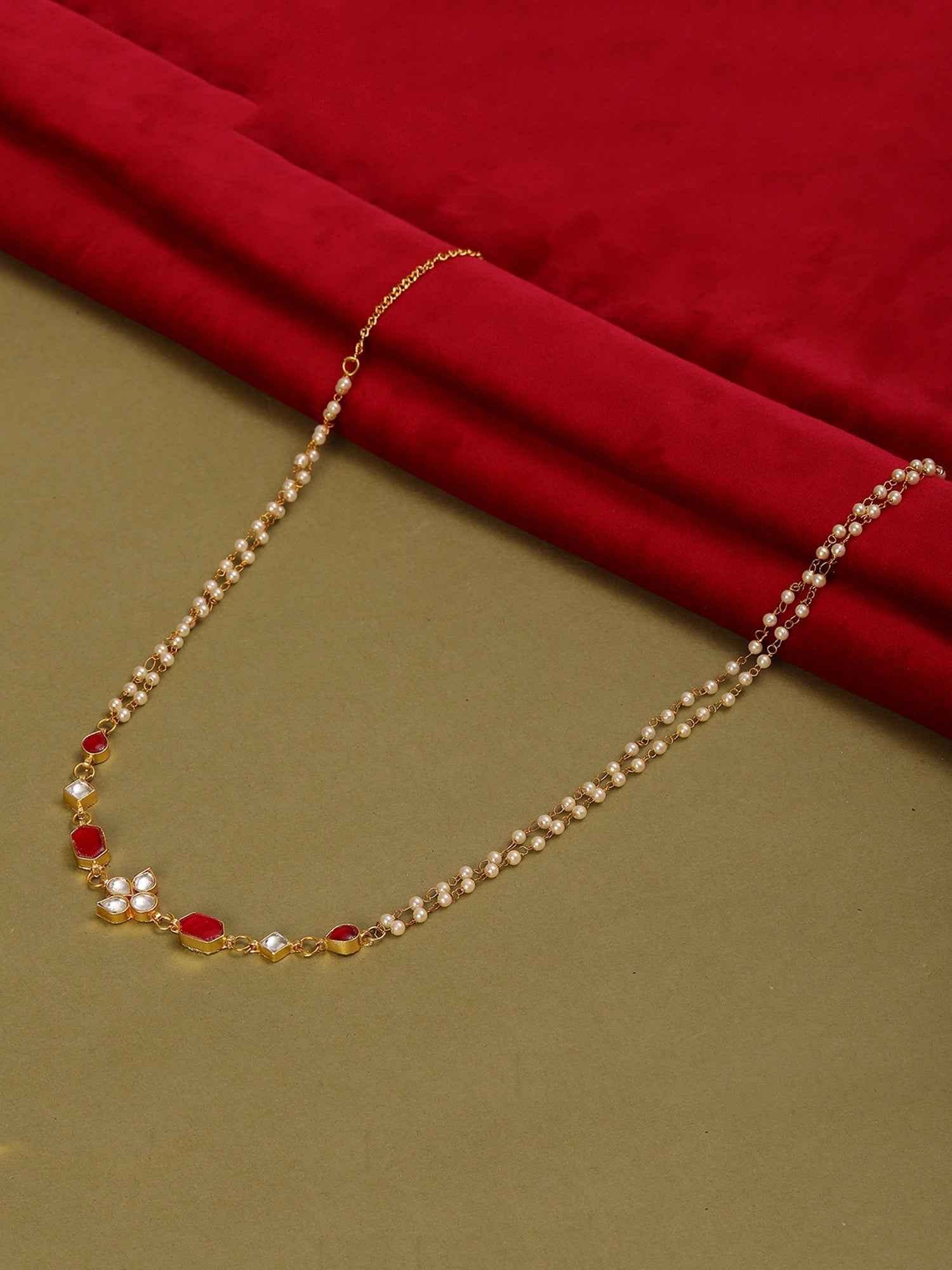 Red Stone & Clear Patchi Kundan in Pearl Kamar Band - Ruby Raang