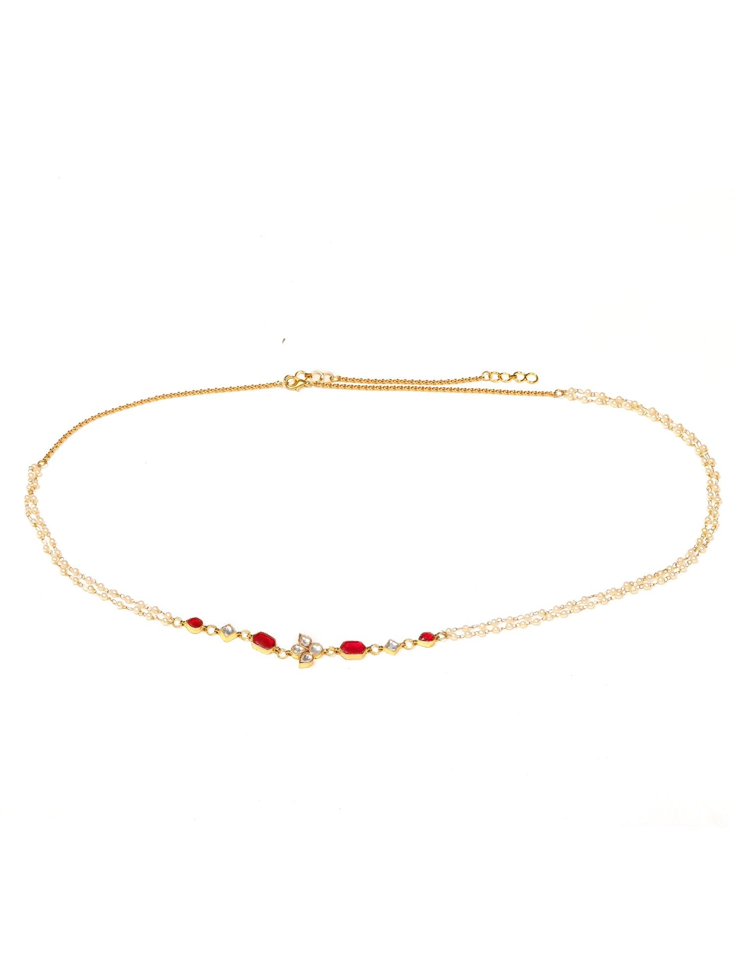 Red Stone & Clear Patchi Kundan in Pearl Kamar Band - Ruby Raang