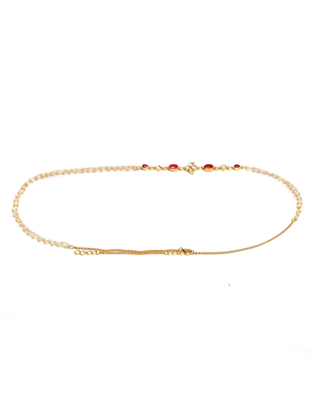 Red Stone & Clear Patchi Kundan in Pearl Kamar Band - Ruby Raang