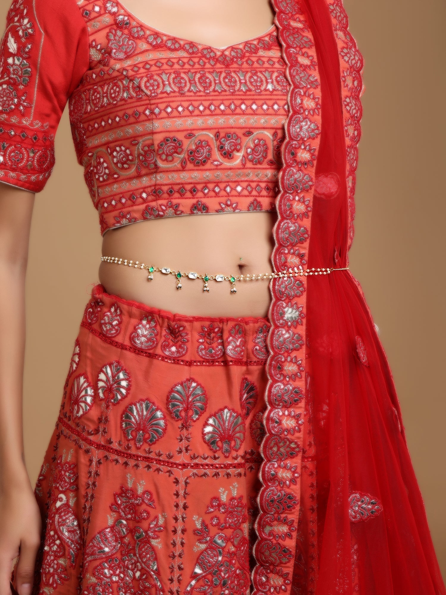 Green Stone & Clear Patchi Kundan in Pearl Kamar Band - Ruby Raang