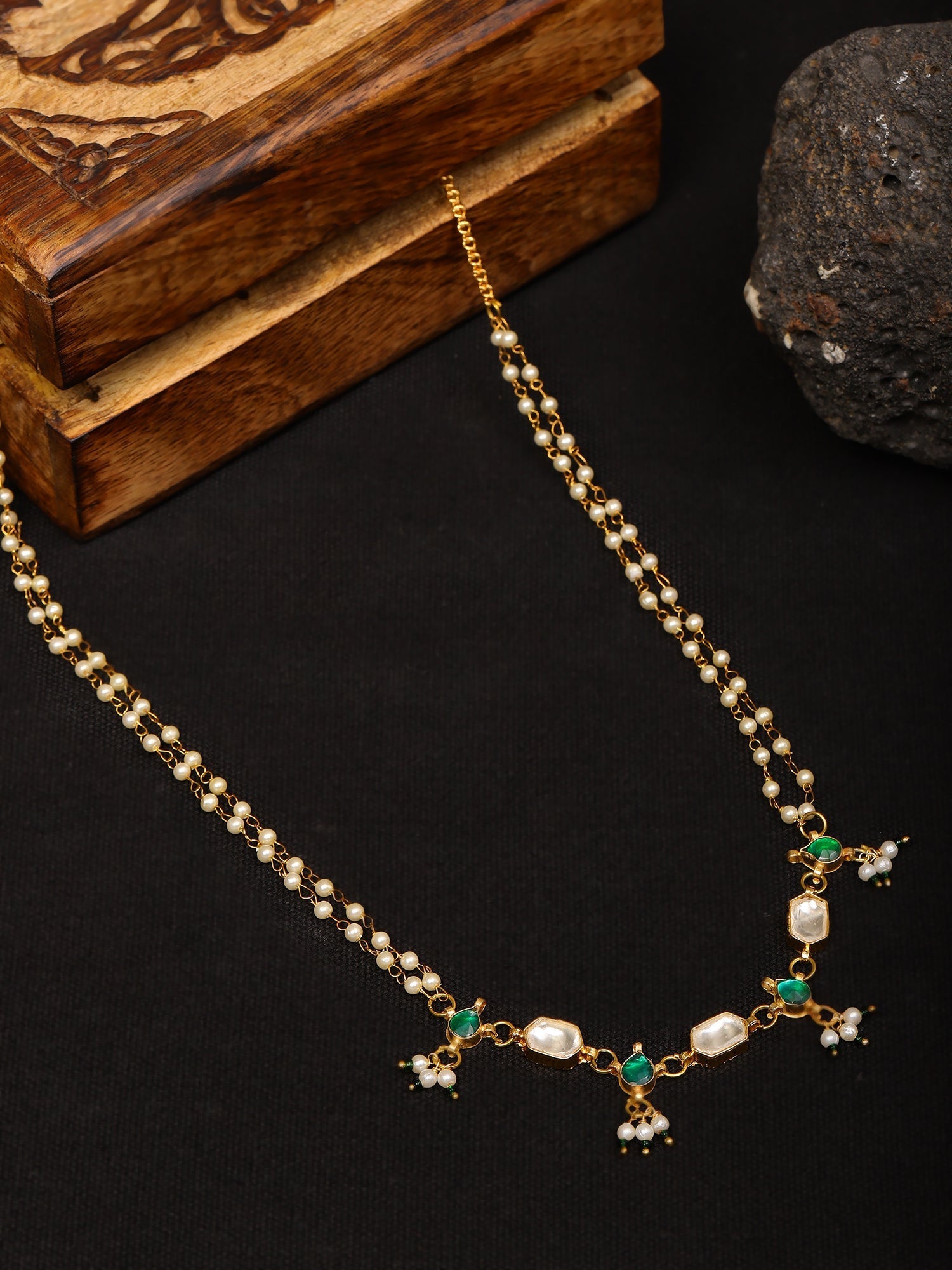 Green Stone & Clear Patchi Kundan in Pearl Kamar Band - Ruby Raang