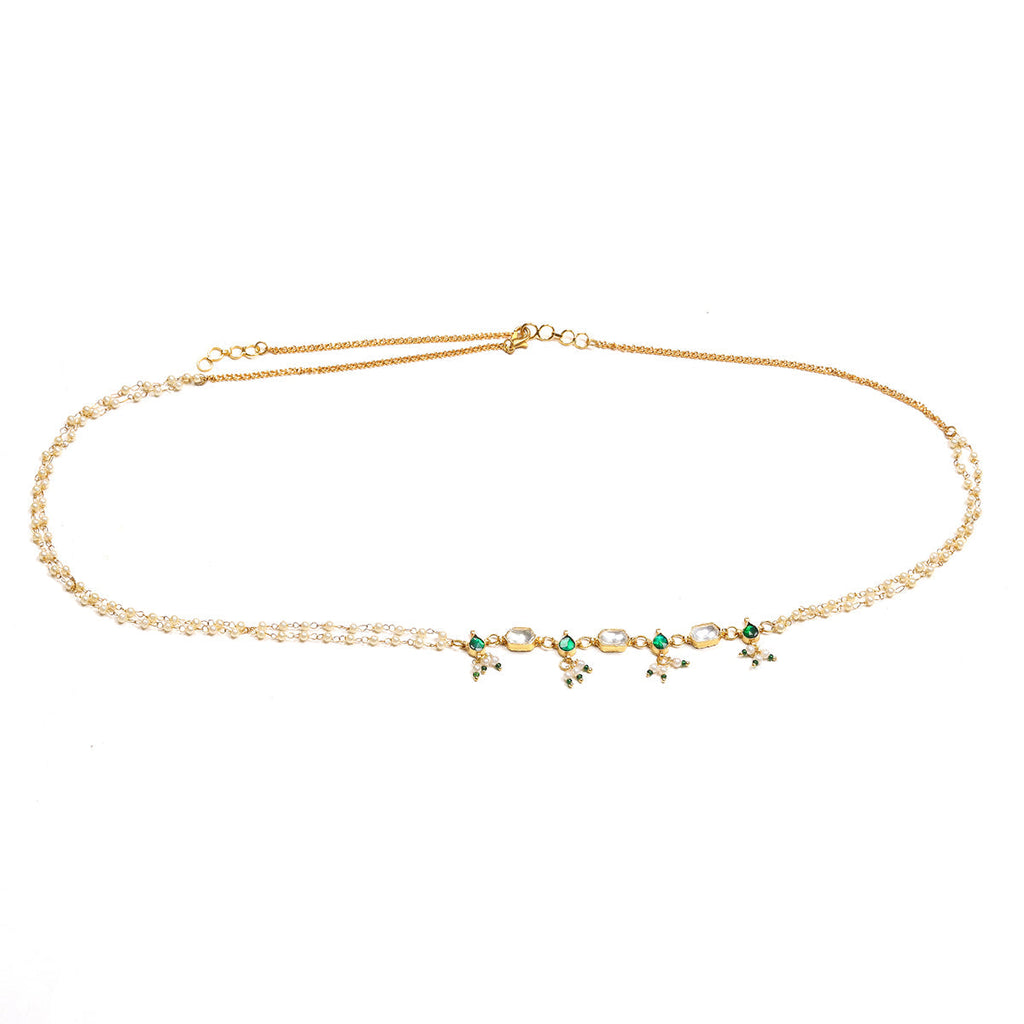 Green Stone & Clear Patchi Kundan in Pearl Kamar Band - Ruby Raang