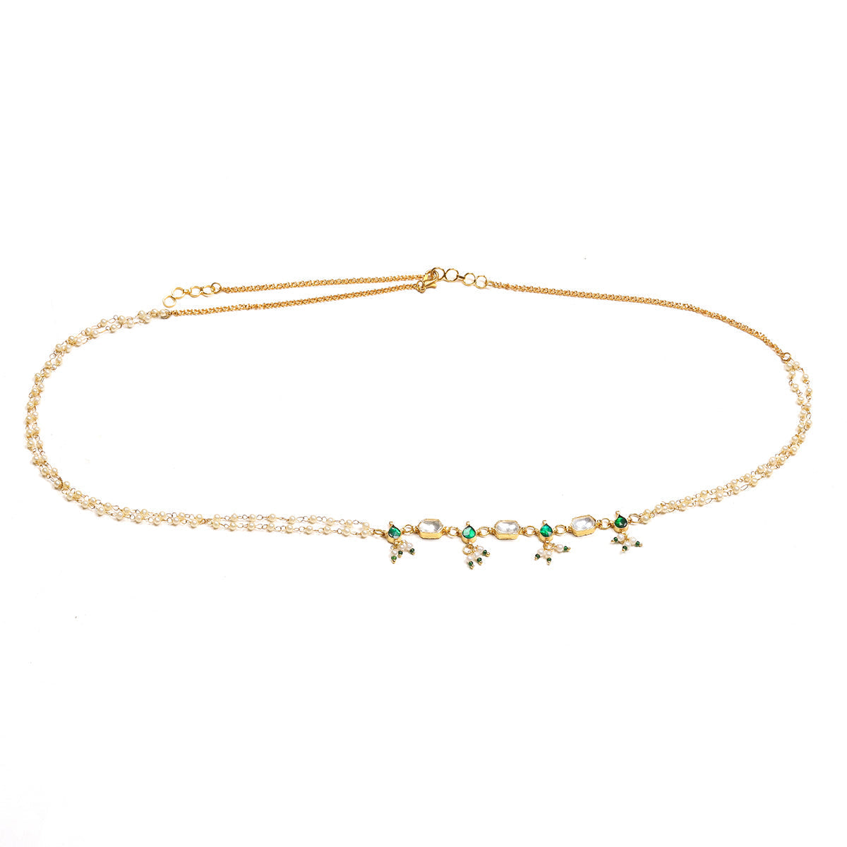 Green Stone & Clear Patchi Kundan in Pearl Kamar Band - Ruby Raang