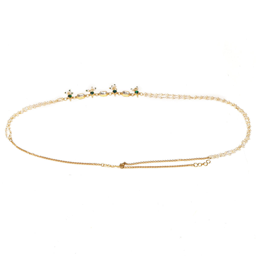Green Stone & Clear Patchi Kundan in Pearl Kamar Band - Ruby Raang